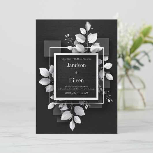 Minimalistische zwart-wit botanische bruiloft kaart (Staand voorkant)