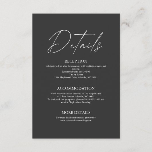 Minimalistische zwart-wit bruiloft details informatiekaartje (Voorkant)