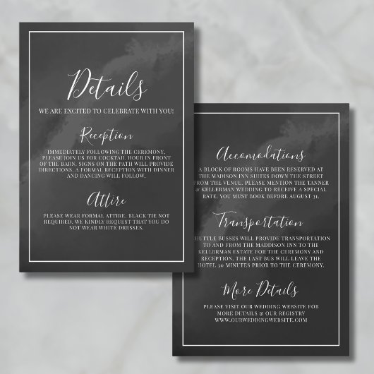 Minimalistische zwart-wit bruiloft details informatiekaartje
