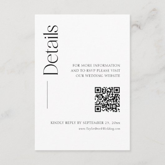 Minimalistische zwart-wit bruiloft details QR-code Informatiekaartje (Voorkant)