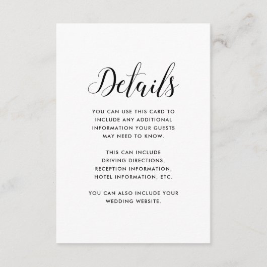 Minimalistische zwart-wit bruiloft gastgegevens informatiekaartje (Voorkant)