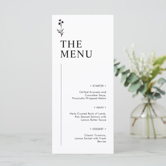 Minimalistische zwart-wit bruiloft menu Kaart (Staand voorkant)