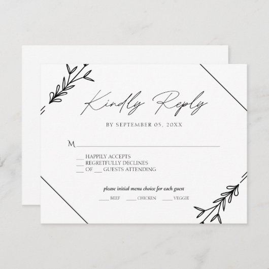 Minimalistische zwart-wit bruiloft Menu Keuze RSV (Voorkant / Achterkant)