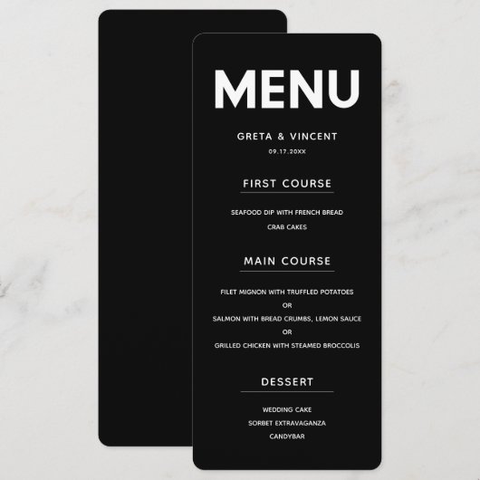 Minimalistische zwart-wit bruiloft menukaart (Voorkant / Achterkant)