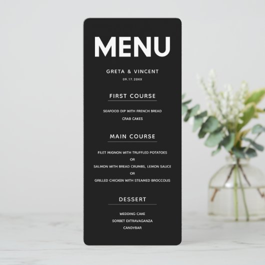 Minimalistische zwart-wit bruiloft menukaart (Staand voorkant)