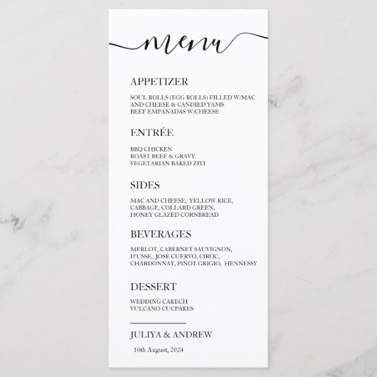 Minimalistische zwart-wit bruiloft menukaart (Voorkant)