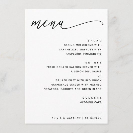 Minimalistische zwart-wit bruiloft | Modern script Menu (Voorkant)