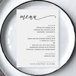 Minimalistische zwart-wit bruiloft | Modern script Menu<br><div class="desc">Dit minimalistische huwelijksmenu heeft een schone witte achtergrond met modern zwart schrift voor de kop en scherpe schreefloze lettertypen voor de maaltijddetails. Het weergeven van elke cursus in een duidelijke, elegante lay-out, deze kaart voegt een stijlvolle touch aan elke receptie tafel. Volledig aanpasbaar met uw namen, trouwdatum en dinerselecties. Het...</div>