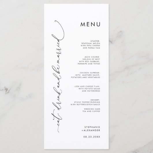 Minimalistische zwart-wit bruiloft platte menu (Voorkant)