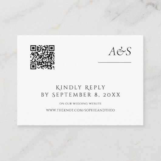 Minimalistische zwart-wit bruiloft RSVP QR-code Informatiekaartje (Voorkant)