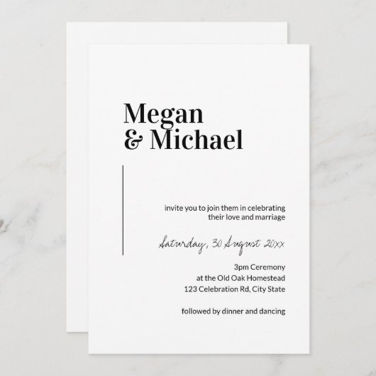 Minimalistische zwart-wit bruiloft uitnodiging (Voorkant / Achterkant)