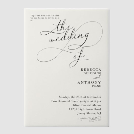 Minimalistische zwart-wit bruiloft van overlay vellum uitnodigingen (Voorkant)