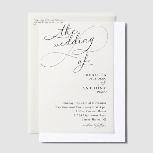 Minimalistische zwart-wit bruiloft van overlay vellum uitnodigingen (Offset)