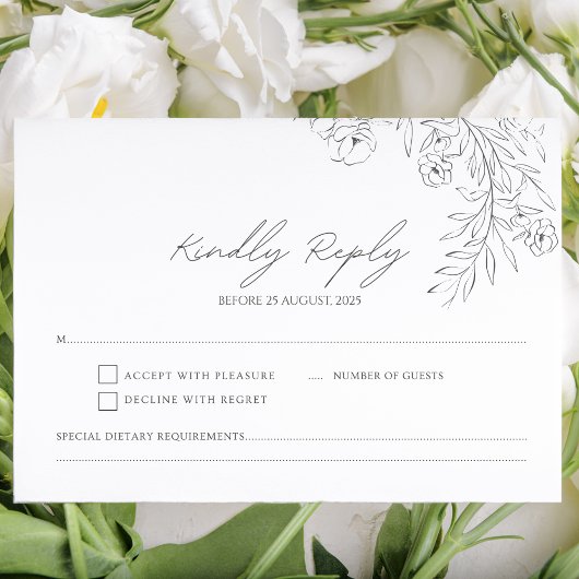 Minimalistische zwart-wit delicate bloem RSVP kaartje