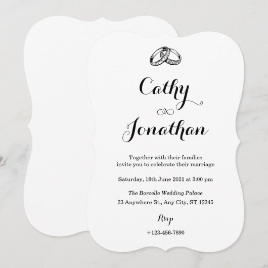 Minimalistische zwart-wit eenvoudige trouwring kaart (Voorkant / Achterkant)