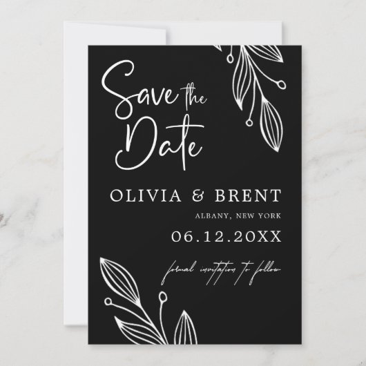 Minimalistische zwart-wit Eucalyptus Leaf bruiloft Save The Date (Voorkant)