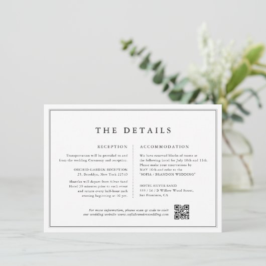 Minimalistische zwart-wit foto bruiloft details informatiekaartje (Staand voorkant)