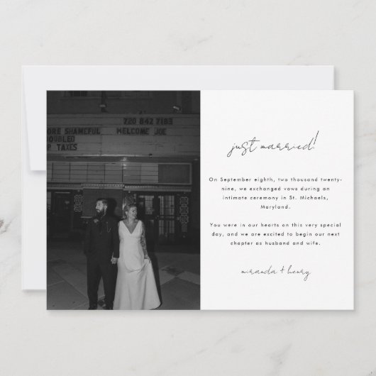 Minimalistische zwart-wit foto bruiloft Elopement Aankondiging (Voorkant)