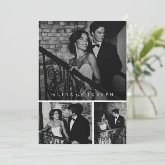 Minimalistische zwart-wit foto bruiloft uitnodigin kaart (Staand voorkant)