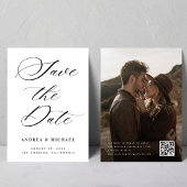 Minimalistische zwart-wit foto- en QR-code bruilof Save The Date