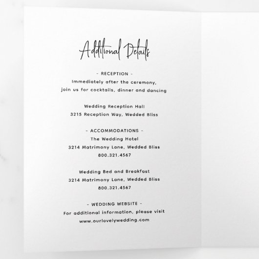 Minimalistische zwart-wit foto moderne bruiloft drieluik uitnodiging (Binnenzijde eerst)