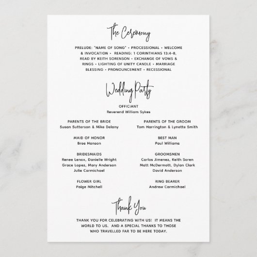 Minimalistische zwart-wit foto moderne bruiloft programmakaart (Achterkant)