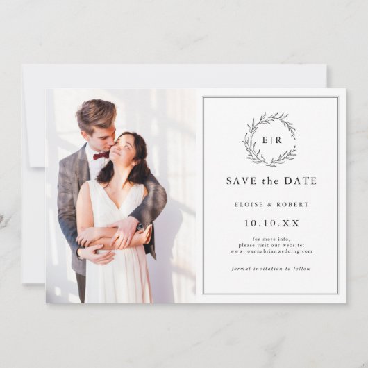 Minimalistische zwart-wit foto moderne bruiloft save the date (Voorkant)