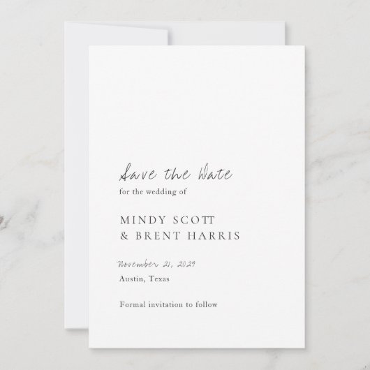 Minimalistische zwart-wit foto moderne bruiloft save the date (Voorkant)