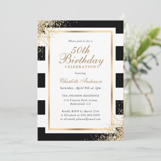 Minimalistische Zwart Wit Goud Confetti 50ste Verj Kaart (Staand voorkant)