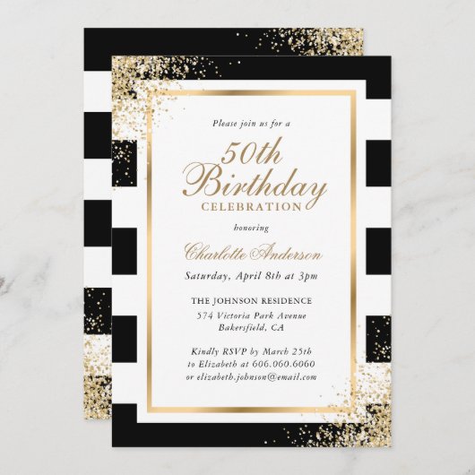 Minimalistische Zwart Wit Goud Confetti 50ste Verj Kaart (Voorkant / Achterkant)