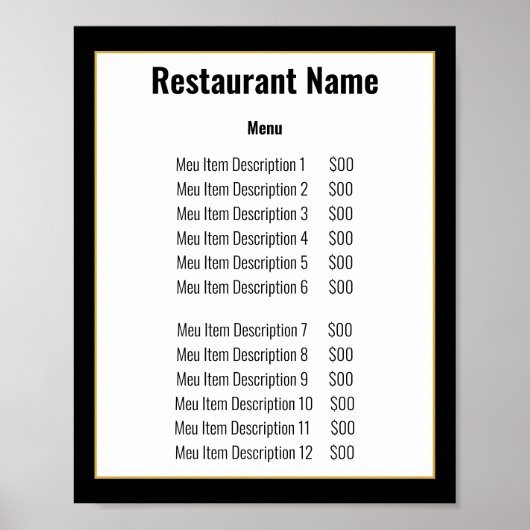 Minimalistische Zwart-Wit-Goud Sjabloon Menu Poster (Voorkant)