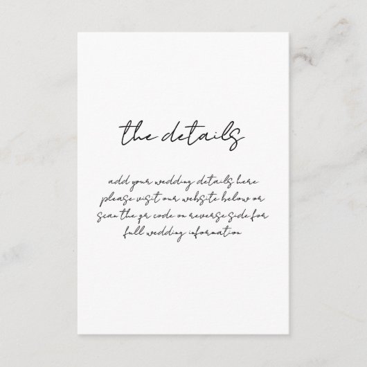 Minimalistische zwart-wit handgeschreven bruiloft informatiekaartje (Voorkant)