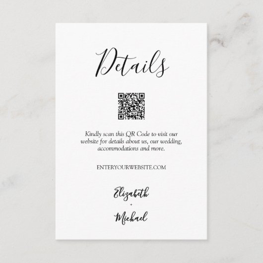 Minimalistische Zwart & Wit Huwelijksdetails QR-co Informatiekaartje (Voorkant)