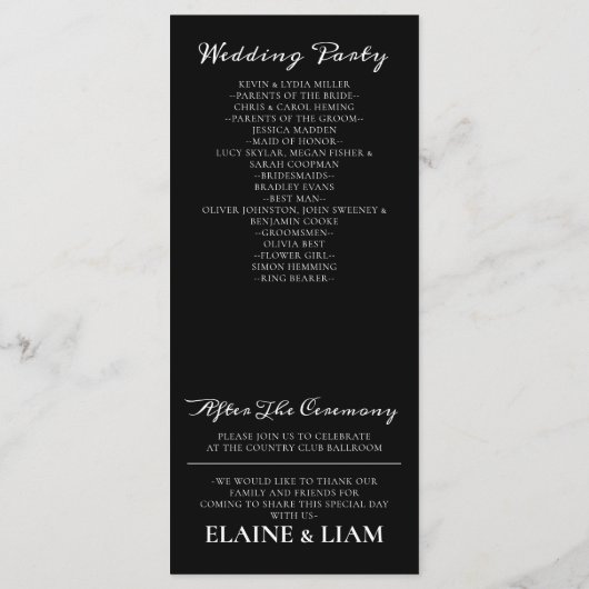 Minimalistische zwart-wit huwelijksprogramma's programmakaart (Achterkant)