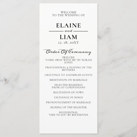Minimalistische zwart-wit huwelijksprogramma's programmakaart (Voorkant)