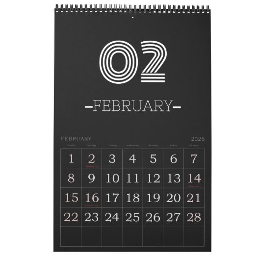 Minimalistische zwart-wit kalender (Feb 2026)