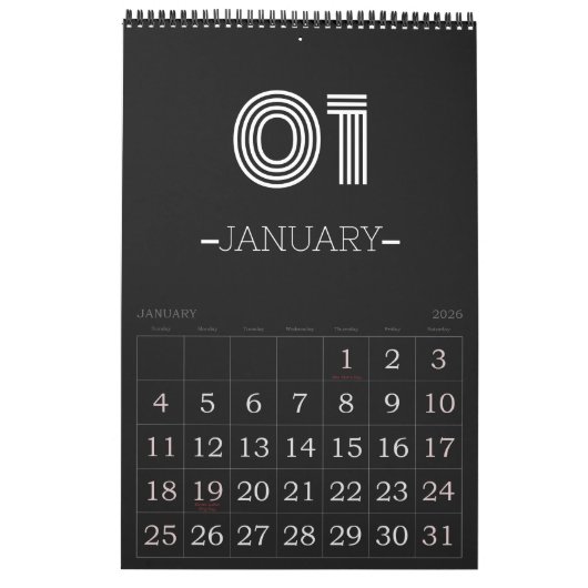 Minimalistische zwart-wit kalender (Jan 2026)