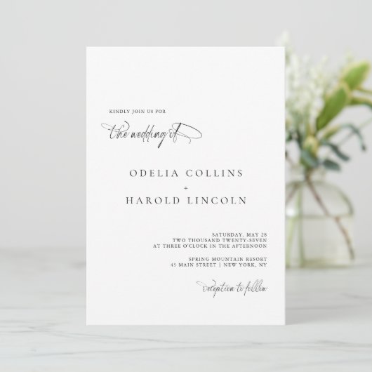 Minimalistische zwart-wit kalligrafie QR Code Wedd Kaart (Staand voorkant)