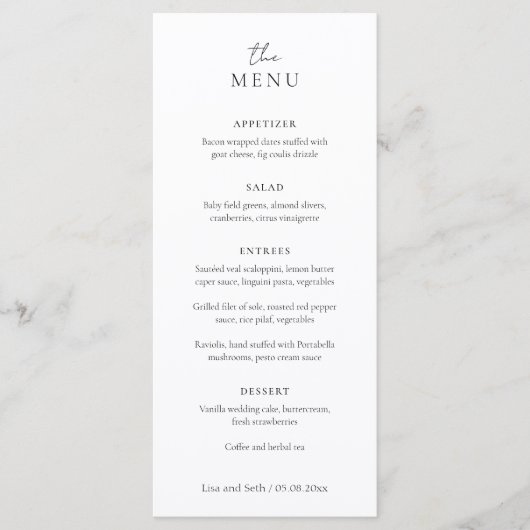 Minimalistische zwart-wit klassieke bruiloft menu (Voorkant)