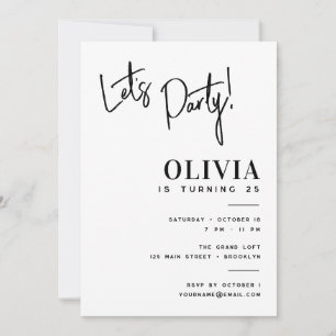 Minimalistische Zwart-Wit Let's Party Verjaardag Kaart