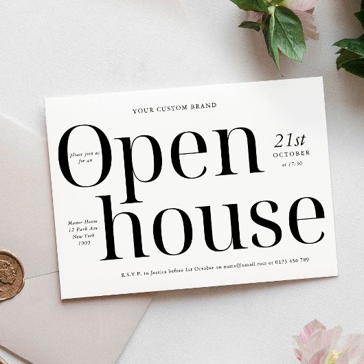 Minimalistische zwart-wit Logo Business Open House Kaart