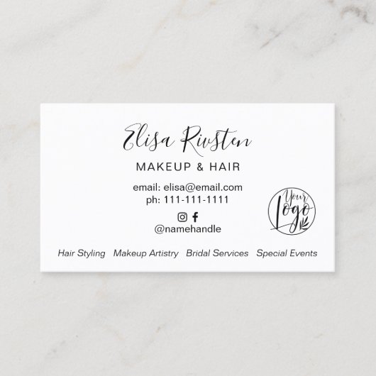 Minimalistische zwart-wit make-up logo visitekaartje (Voorkant)