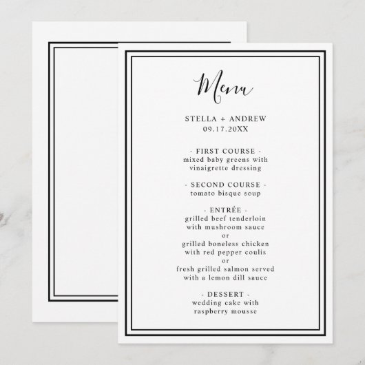 Minimalistische zwart-wit minimalistische bruiloft menu (Voorkant / Achterkant)
