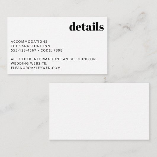 Minimalistische zwart-wit moderne bruiloft details informatiekaartje (Voorkant / Achterkant)