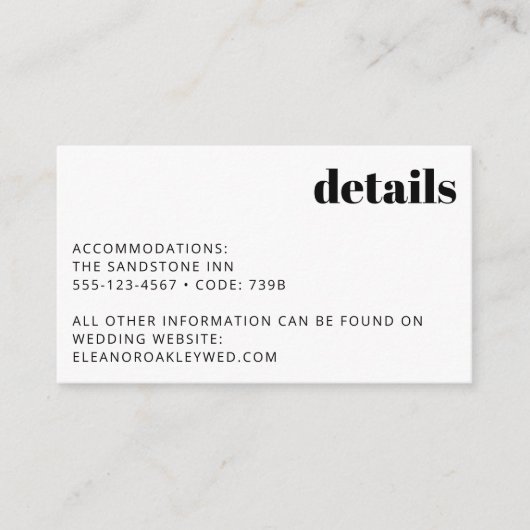 Minimalistische zwart-wit moderne bruiloft details informatiekaartje (Voorkant)