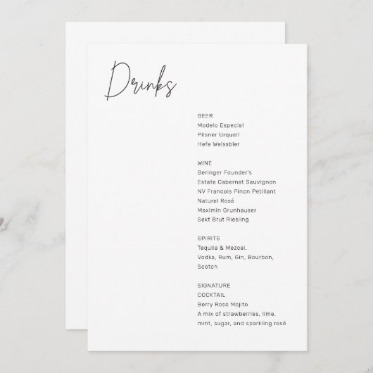 Minimalistische zwart-wit moderne bruiloft Drinken Menu (Voorkant / Achterkant)