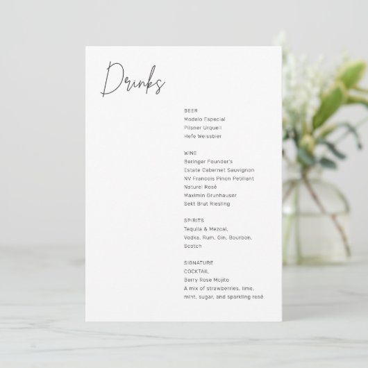 Minimalistische zwart-wit moderne bruiloft Drinken Menu (Staand voorkant)