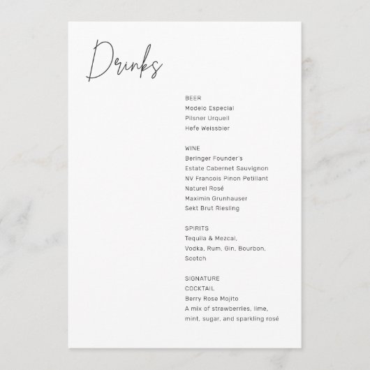 Minimalistische zwart-wit moderne bruiloft Drinken Menu (Voorkant)