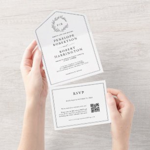 Minimalistische Zwart-Wit Moderne QR-Code Trouw  All In One Uitnodiging