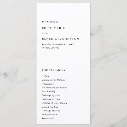 Minimalistische Zwart-Wit Moderne Trouwdag Programmakaart (Voorkant)